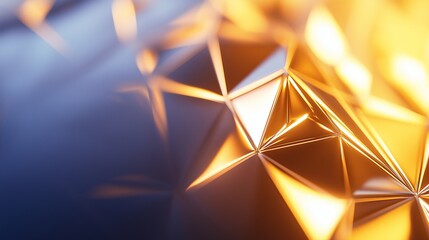 Golden metallic triangular pattern surface with light reflections. Abstract background for beauty and and technology concept. With copy space. 