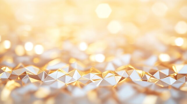 Golden metallic triangular pattern surface with light reflections. Abstract background for beauty and and technology concept. With copy space. 