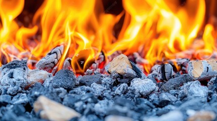 Burning embers, glowing coals, fire flames, outdoor grill, barbecue background