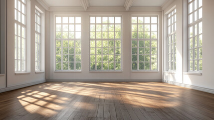 Obraz premium empty blank room with big windows, wooden floor and sun lighting 3d render illustration. 3D Illustration