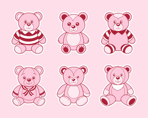 Set of cute teddy bears in different poses. Collection of pink plush toys. Illustration