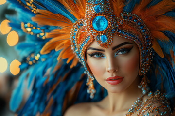 Fototapeta premium Photo portrait de femme vêtue d’un costume de samba détaillé avec sequins, perles et plumes vives, carnaval de rio, brésil, festival, fête, célébration