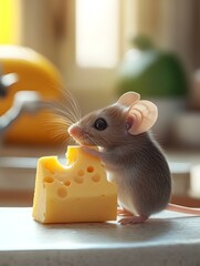 Fototapeta premium Curious Mouse Sniffs Cheese on Kitchen Counter in Whimsical Composition