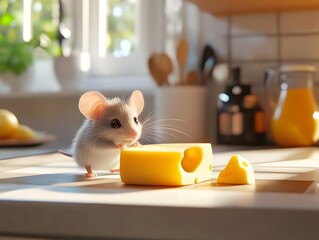 Fototapeta premium Curious Mouse Sniffs Cheese on Kitchen Counter in Whimsical Composition