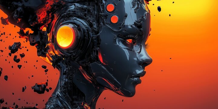 Profile of a  black  ai robot woman.  Space for text. Horizontal banner, wallpaper	
