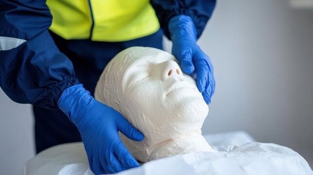 A gloved person administers first aid to a mannequin, demonstrating emergency care techniques and workplace safety training.