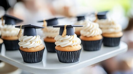 Graduation cupcakes with student cap composition background