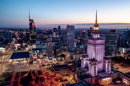 Palace of Science and Culture, Warsaw city center at night