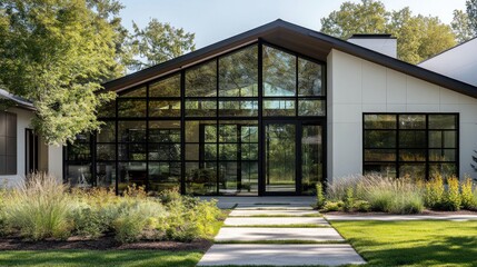 Modern house with large windows and a path, greenery surrounds it, outdoor use
