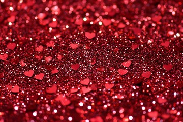 Sparkling Red Glitter Background with Scattered Hearts Valentine s Day Texture