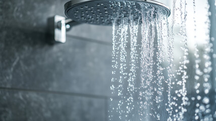 Modern showerhead with fresh water stream in a sleek bathroom, refreshing morning routine concept.