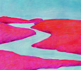 blue river flows between pink banks. Stylized landscape mixed media gouache handmade Illustration.