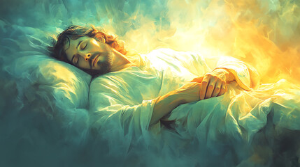 Saint Joseph sleeping peacefully as a luminous angel watches over him, gentle celestial glow creating a serene settingDigital Watercolor painting