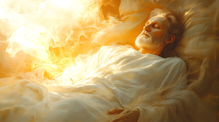 Saint Joseph sleeping peacefully as a radiant angel in golden light appears, gentle celestial beams filling the room, spiritual ambiance