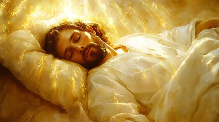 Saint Joseph sleeping peacefully as a radiant angel in golden light appears, gentle celestial beams filling the room, spiritual ambiance