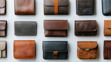 An aesthetically arranged collection of handmade leather wallets showcases craftsmanship, elegance, and a variety of rich textures and colors.