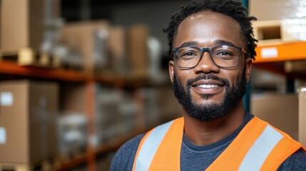 Fototapeta premium A warehouse worker wears a safety vest while smiling, surrounded by shelves of boxes, representing resilience and a positive work environment.