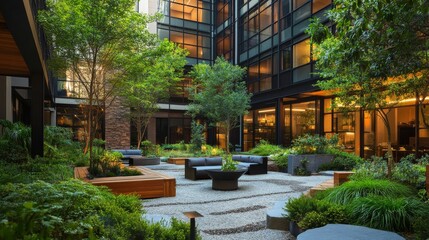 Obraz premium A serene courtyard garden showcases modern outdoor furniture surrounded by lush greenery, exemplifying tranquility and the beauty of nature in urban living.
