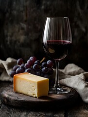 Aged Gouda Cheese Wedge with Glass of Red Wine, Elegant Still-Life Culinary Composition