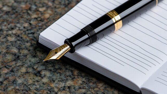A luxurious black fountain pen rests sleekly on an open lined notebook, capturing the essence of sophistication and timeless writing.