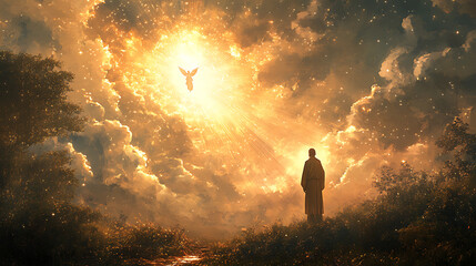 Fototapeta premium Saint Joseph standing in a quiet landscape, gazing upward as an angel descends from the heavens, glowing beams breaking through clouds, ethereal and serene