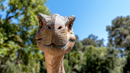 Obraz premium Dinosaur model close-up, sunny park background, educational use