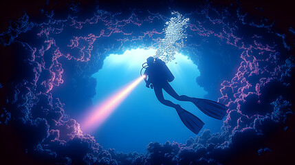Diver exploring underwater cave, beam of light, dark background, ocean exploration, stock photo