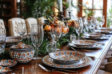 Naklejka premium Eid holiday table set with intricate dishware and traditional Middle Eastern cuisine