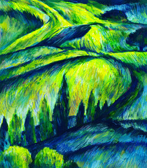 a green bright field with slopes and forest in the form of trees. impressionist painting. Stylized landscape mixed media gouache handmade Illustration.