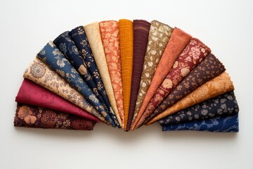 A vivid fan of textile swatches showcases a gradient of colors and intricate patterns, ranging from deep blues to warm golds and rich reds.
