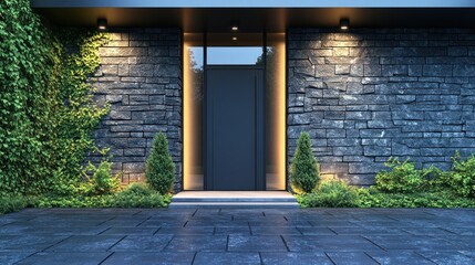 Modern house entrance, stone wall, night lighting, landscaping, architecture