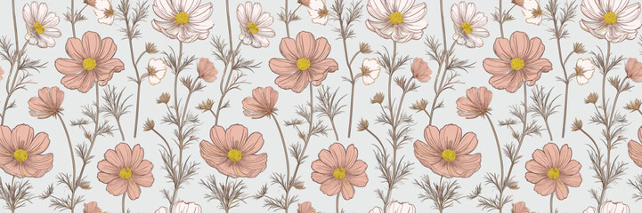 Repeating pattern of soft peach-colored flowers with delicate stems and leaves against a white background.