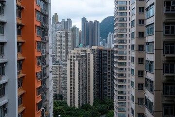 Fototapeta premium A lively cityscape presents a mosaic of brightly colored buildings packed tightly together against a backdrop of lush green hills and cloudy sky.