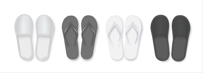 Realistic 3d White and Black Blank Empty Flip Flop Closeup Isolated on White Background. Design Template of Summer Beach Flip Flops Pair Mockup. Vector