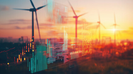 Wind Turbine Farm at Sunrise, with a Blurred Backdrop of Digital Graphs Illustrating the Rise of Wind Energy Prices and Global Market Responses