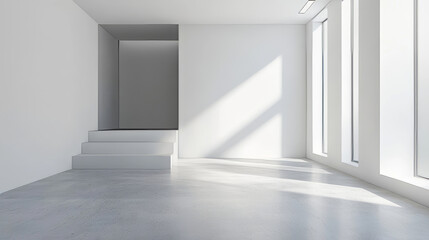 An Empty Room with White Walls and Floor and a podium 3d render illustration. 3D Illustration