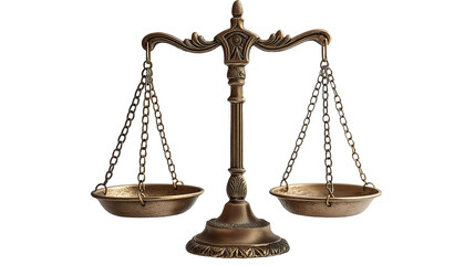 Antique Brass Scales Justice Symbol, Legal Balance with Metal Weight Design, isolated on transparent background.