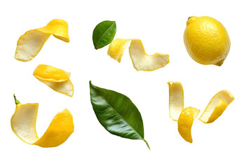 Naklejka premium Fresh lemons, peels and green leaves on white background