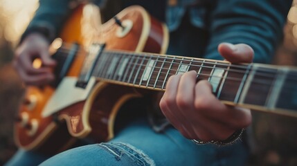 Fototapeta premium A detailed shot of hands skillfully playing an electric guitar, capturing the essence of music creation and the connection between the musician and their instrument.