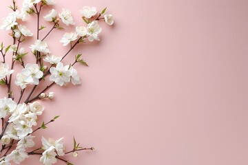 Obraz premium White cherry blossoms on soft pastel pink background floral elegant composition for wedding and celebration design