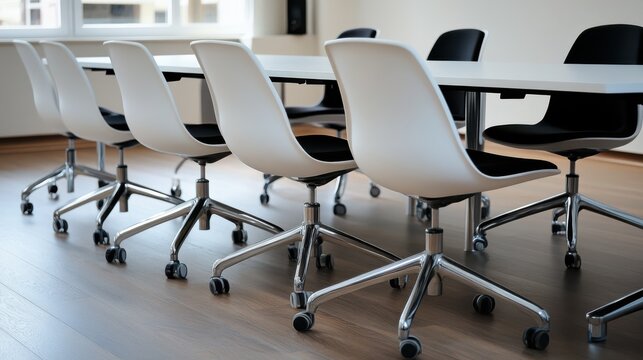 A sleek, modern conference room with minimalist design, showcasing rows of black and white office chairs. - Powered by Adobe