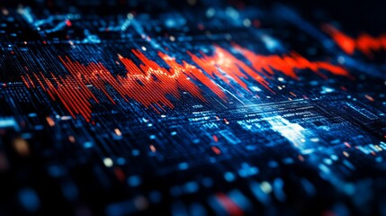A high-tech visualization depicting vibrant red and blue data points and sound waves, showcasing the intersection of technology and creative design.