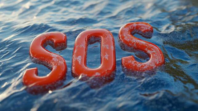 SOS letters mayday are lying in water red characters halp sea rescue concept 3d illustration render