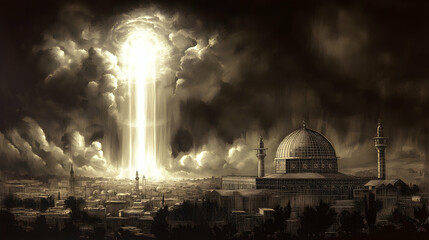 Fototapeta premium Divine light descends on ancient city, apocalyptic clouds