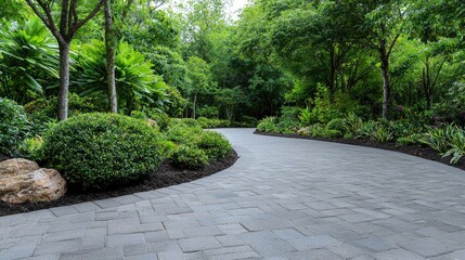 Winding garden path, lush greenery, tranquil setting, landscaping design