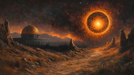 Obraz premium Dome of the Rock, apocalyptic sunset, desert path, fiery ring