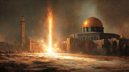 Obraz premium Dome of the Rock fiery destruction apocalyptic scene, Jerusalem
