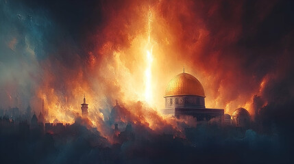Fototapeta premium Dome of the Rock, fiery sky, apocalyptic scene, religious artwork, conceptual