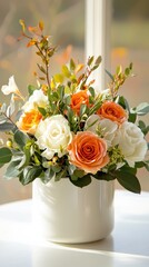 Fototapeta premium Elegant floral arrangement in a vase on bright table natural light eye level capture