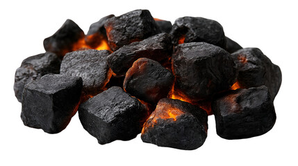 Glowing Embers Burning Coal Pile, Warmth and Energy from Dark Rocks, isolated on transparent background.